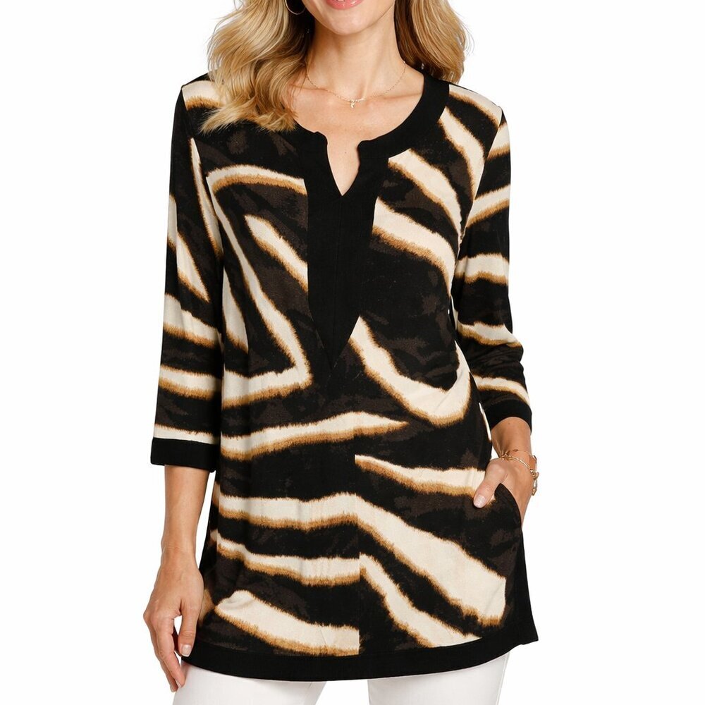Chico's Travelers Tunic Size XL Brown Zebra Animal Print Lagenlook No Iron Artsy